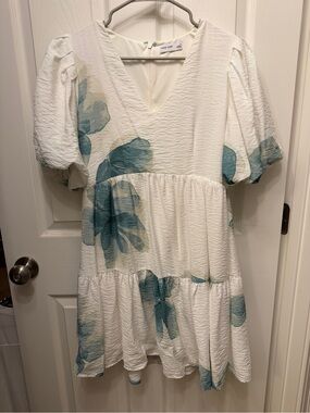 Nine West White Mini Dress with Teal Floral Print and Puff Sleeves
